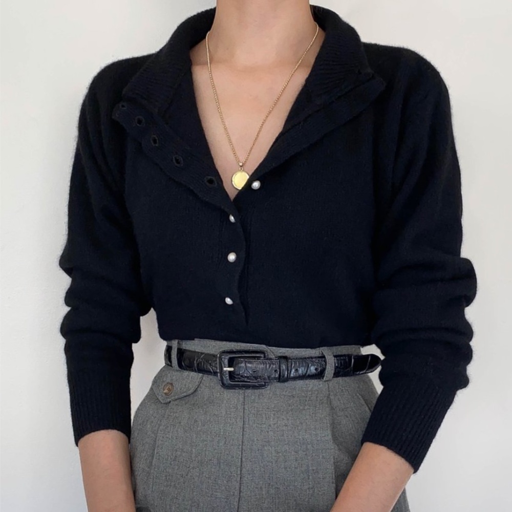 Vintage Black Knit Henley Sweater